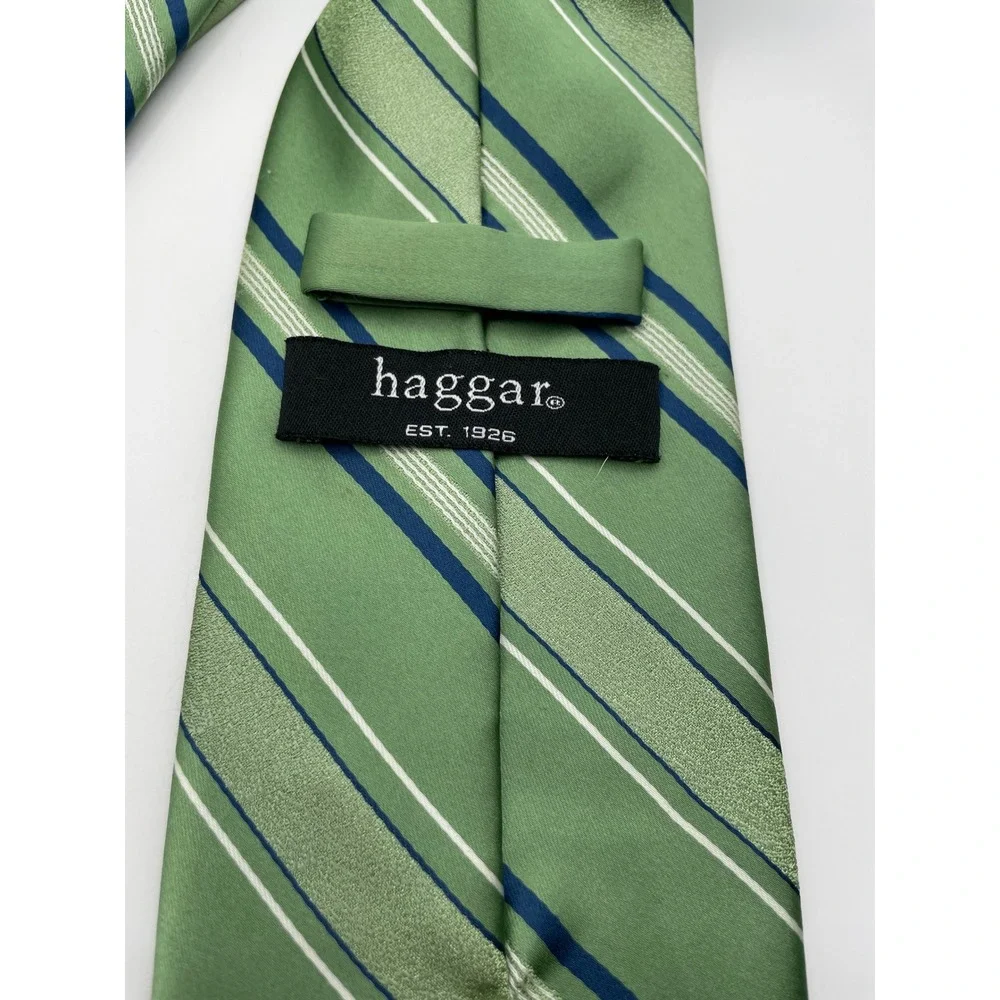 Haggar Mens Necktie Sage Green Navy Blue White Striped Polyester Classic Tie